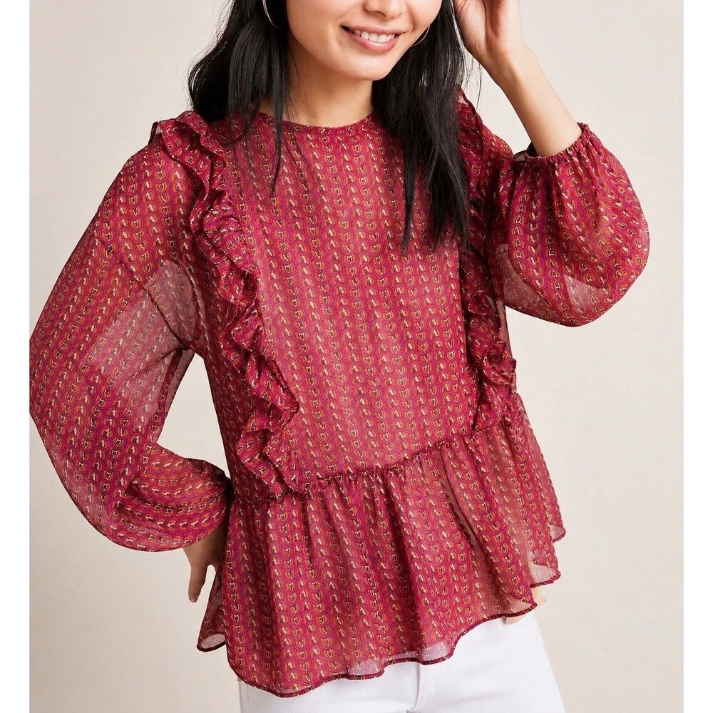 MISA Campania Ruffled Blouse Medium Sheer Magenta Viscose Peplum Peasant Boho